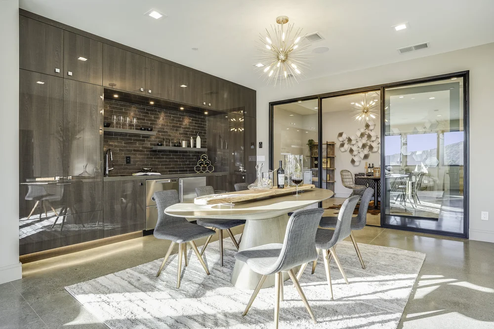 Dining area and wine lounge at Blackberry Hill Road, Los Gatos after staging by Encore