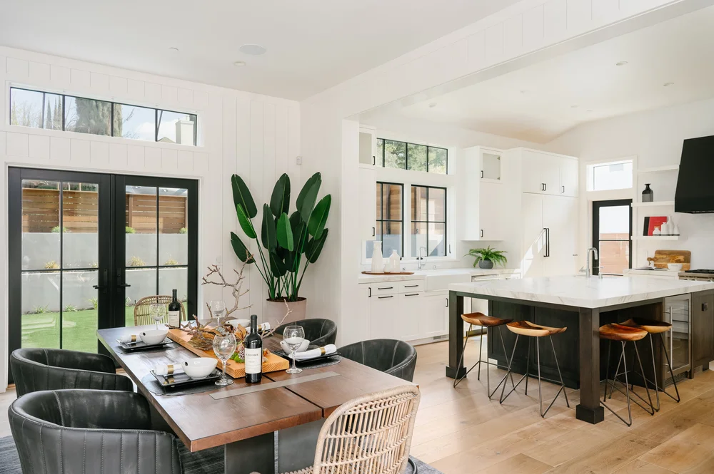 Kitchen and dining area at Cypress Court, Los Altos Hills after staging by Encore