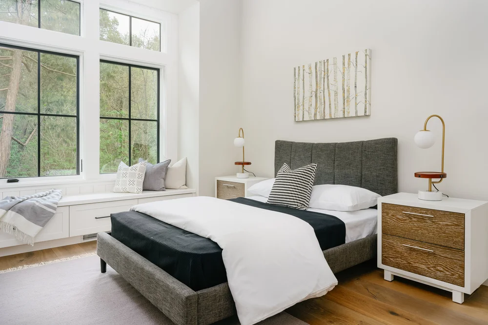 Bedroom with window seat at Cypress Court, Los Altos Hills