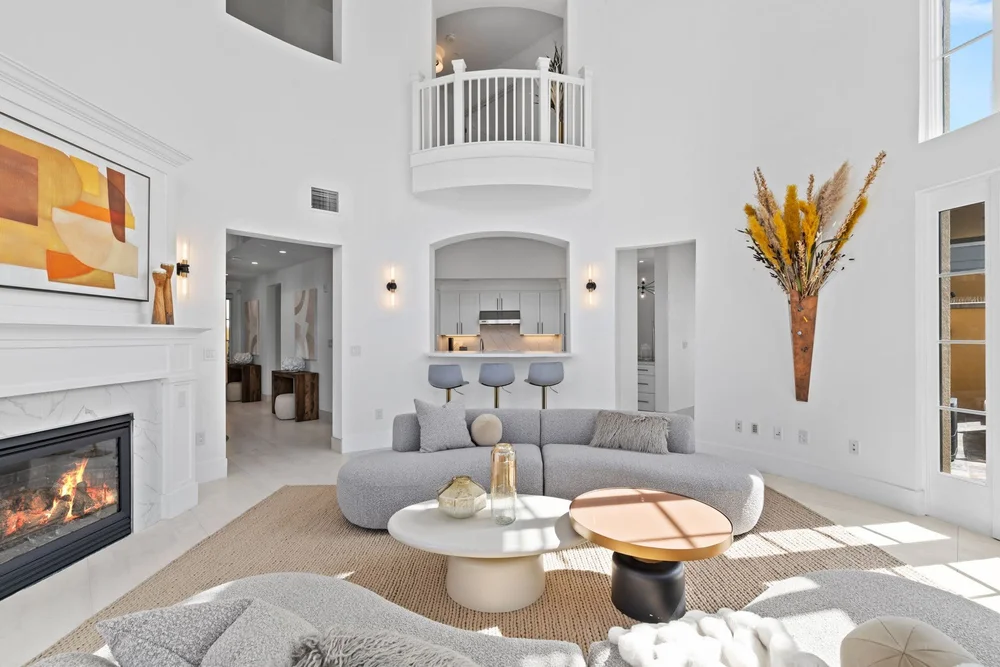 Fireplace wall and loft at Santana Row, San Jose after staging by Encore