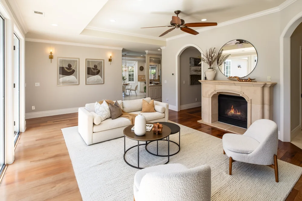 Fireplace sitting area at Benvenue Avenue, Los Altos after staging by Encore