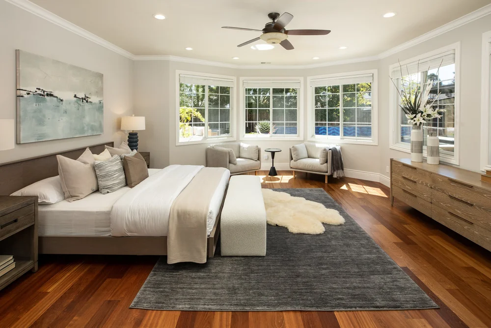 Bedroom with bay window at Benvenue Avenue, Los Altos after staging by Encore
