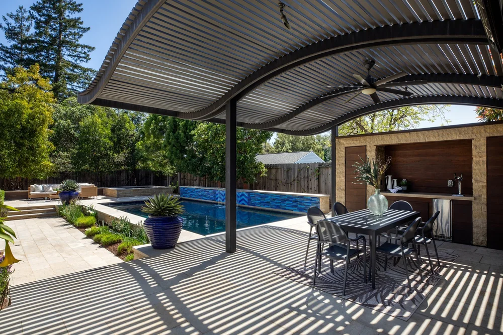 Covered dining area at Benvenue Avenue, Los Altos after staging by Encore