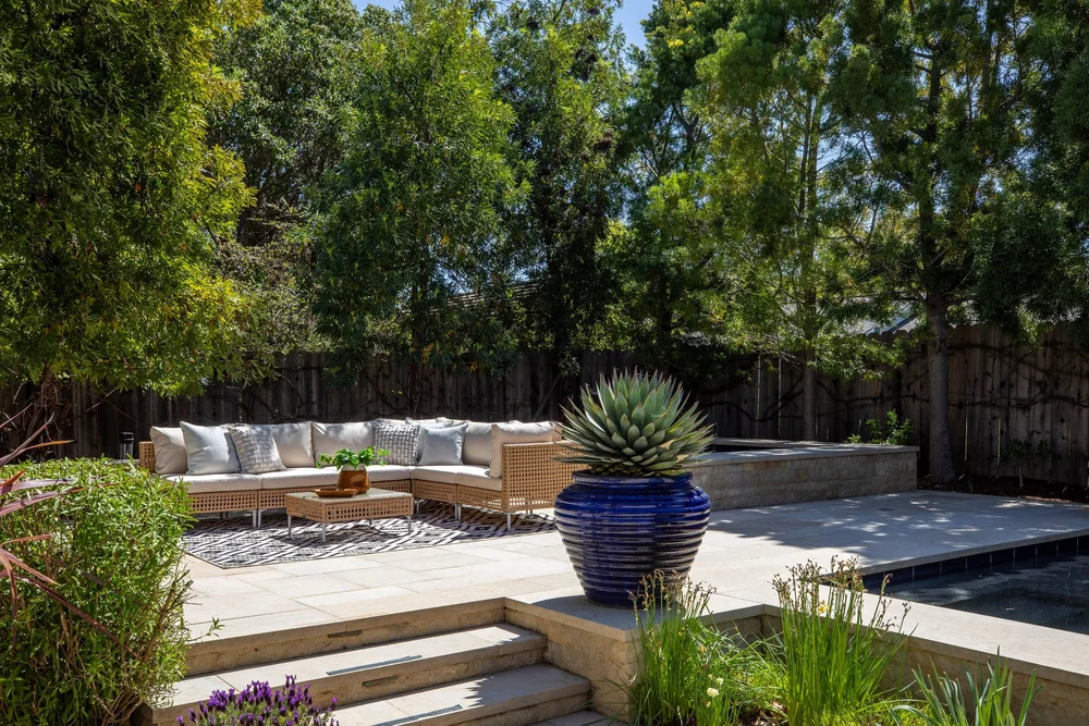 Outdoor lounge at Benvenue Avenue, Los Altos after staging by Encore