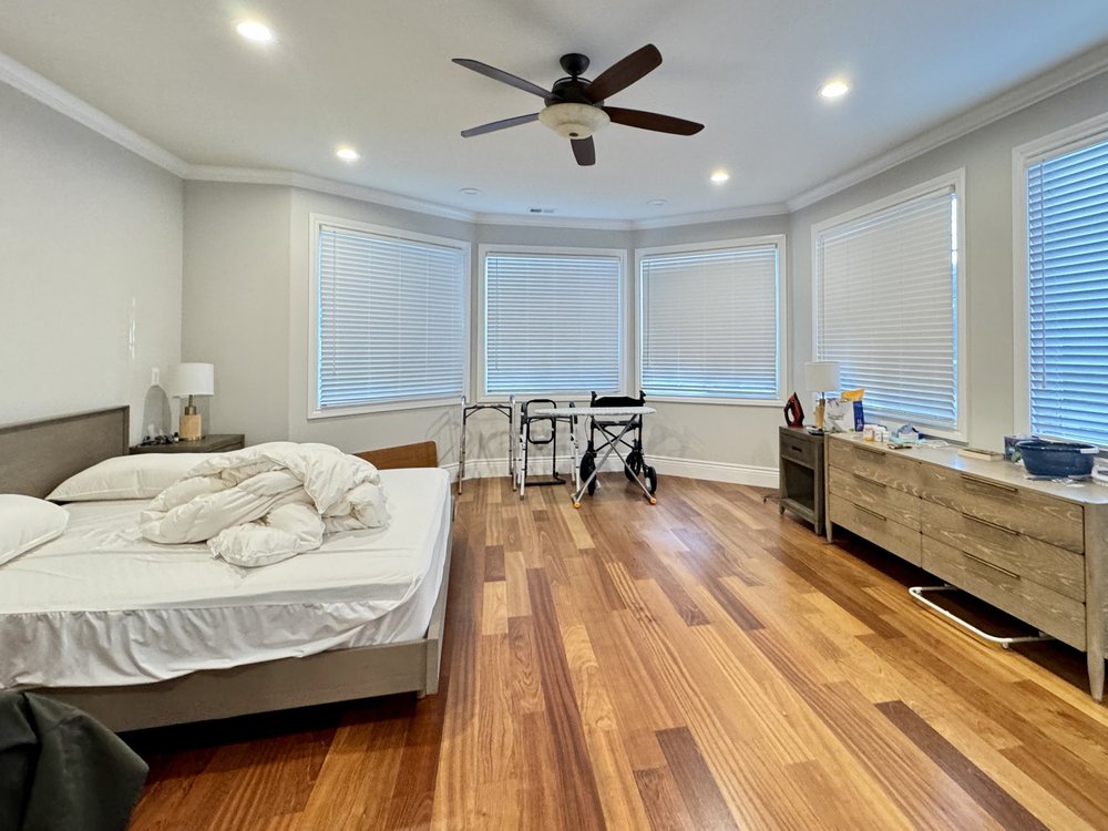 Bedroom with bay window at Benvenue Avenue, Los Altos before staging