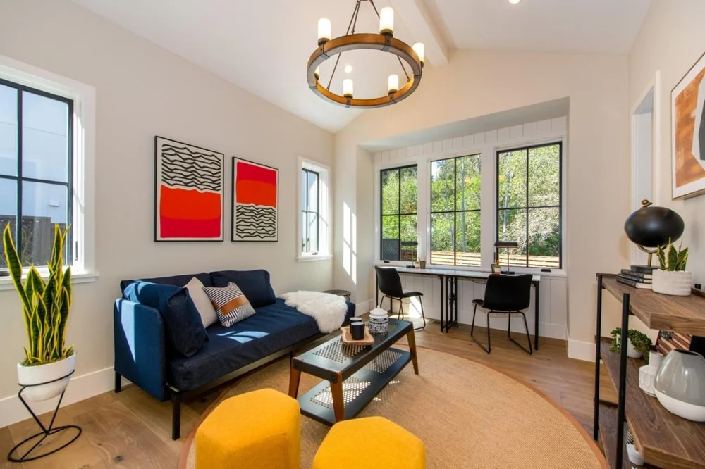 Sitting room at Cypress Court, Los Altos Hills after staging by Encore