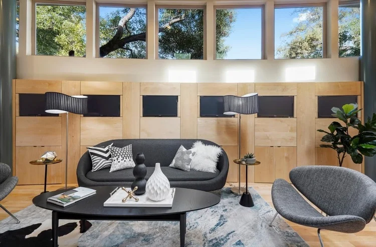 Living room and built-in monitor wall at 475 Fernando Avenue, Palo Alto
