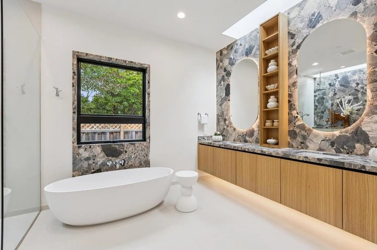 Primary bath at 743 Edge Lane, Los Altos