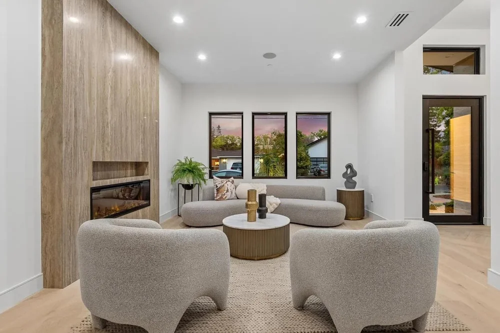 Living room seating area at 743 Edge Lane, Los Altos