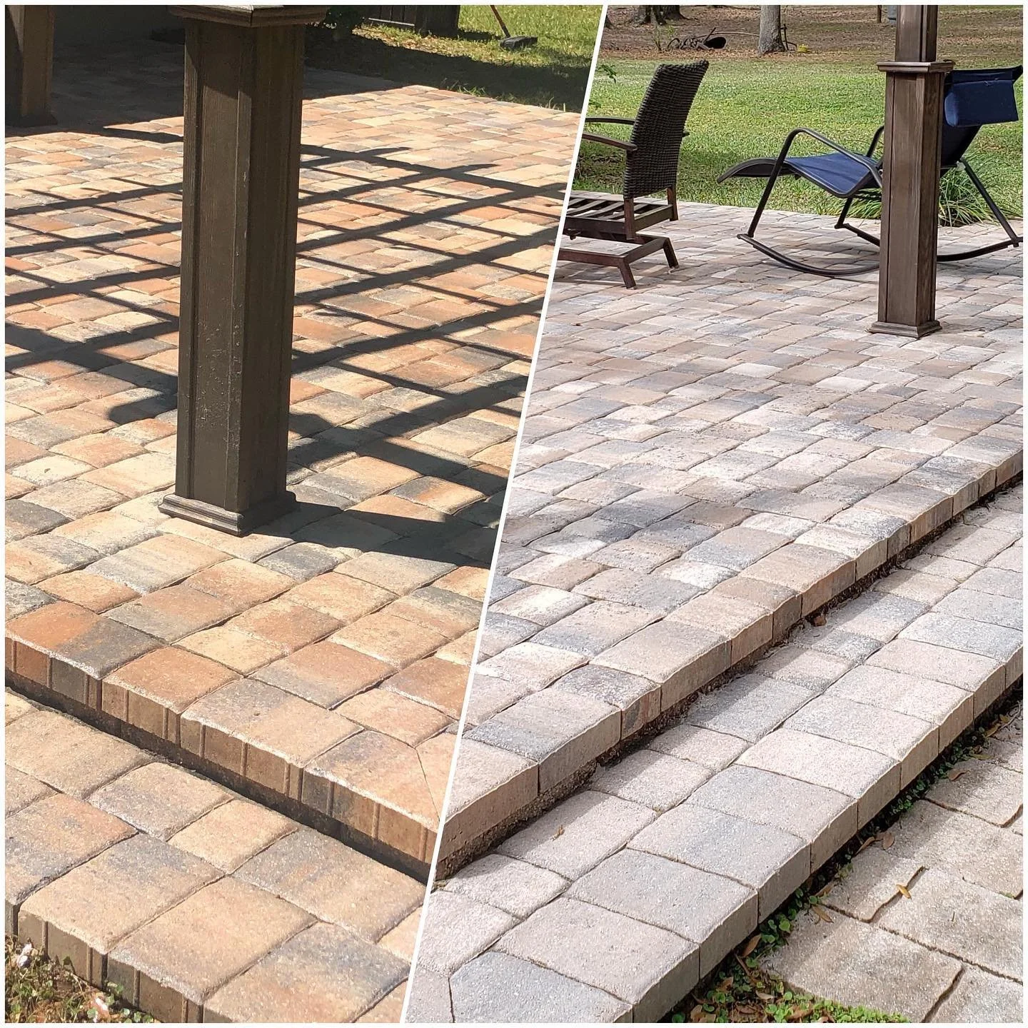 Side-by-side comparison of a brick patio before and after cleaning and renovation. The left shows a darker, older brick surface under a wooden porch, while the right shows a lighter, cleaner brick patio with steps leading up to the deck, with outdoor chairs and a grassy area in the background.