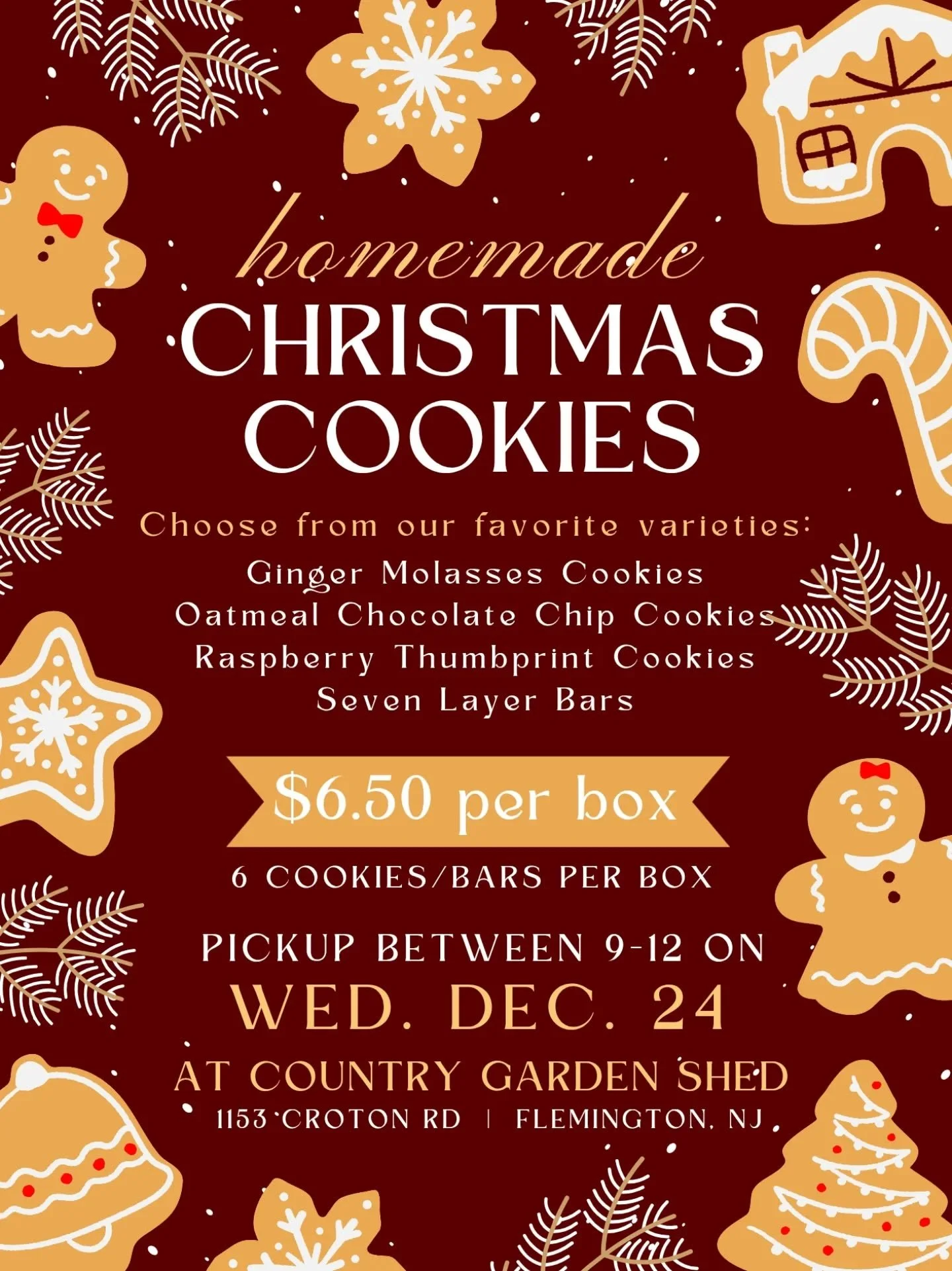 We're baking homemade Christmas Cookies!!🍪 Pre-Order today and pickup on Wednesday, December 24th between 9am-12noon 🎀
Choose from 4 of our favorite cookies/bars! NEW this year - we added delicious Seven Layer Bars!🧑🏻&zwj;🍳These are perfect for 