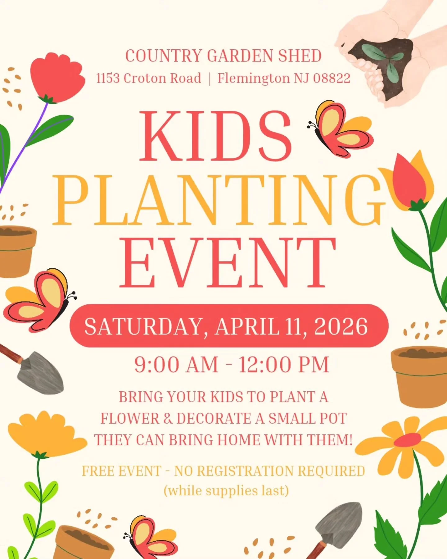 We have lots of fun things happening at The Country Garden Shed this Saturday! 🌷

First, we&rsquo;re hosting a Kids Planting Event on Saturday, April 11th from 9 AM &ndash; 12 PM (or while supplies last). Bring the kiddos to plant a flower and decor