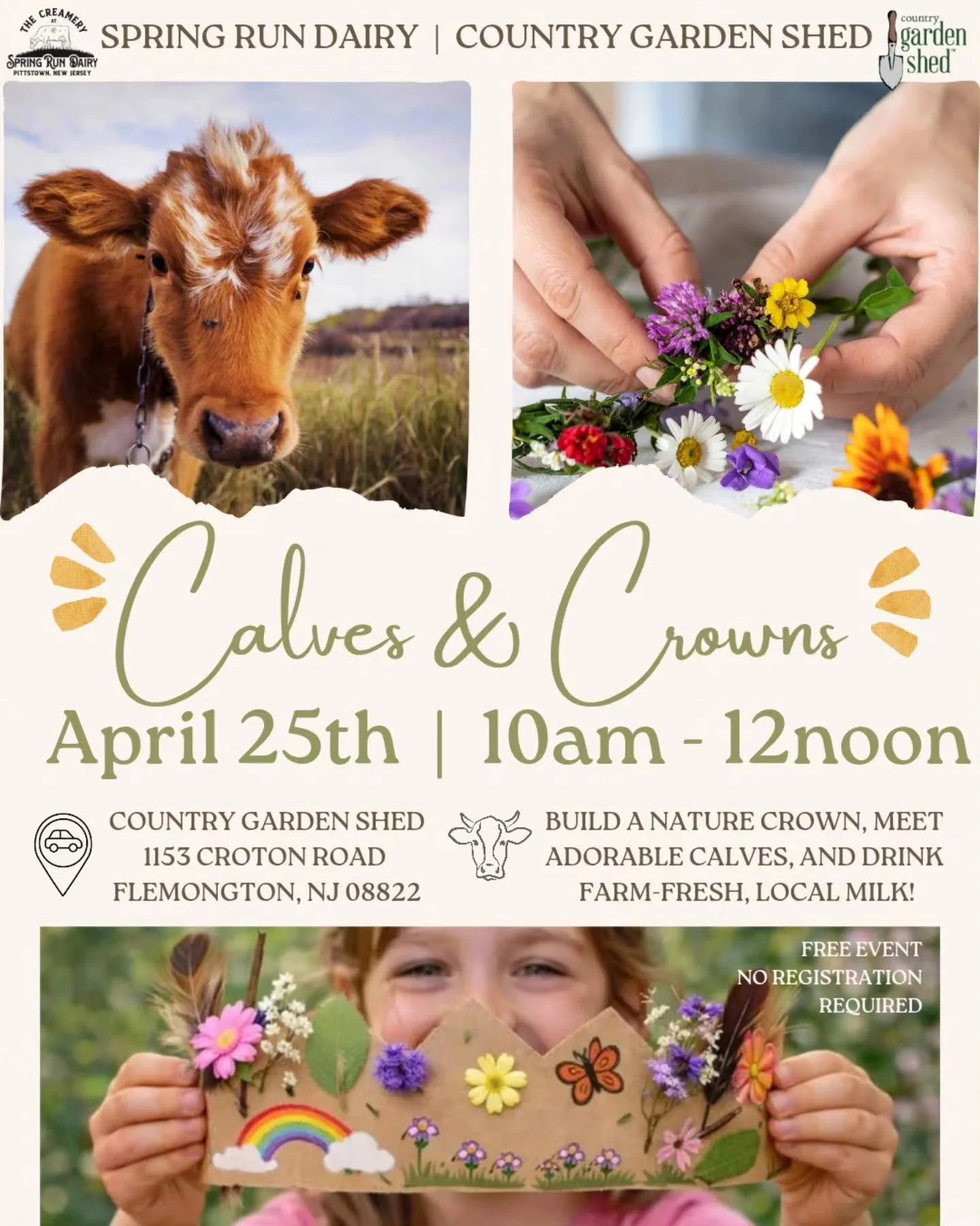 👑 Calves &amp; Crowns 👑

Join us April 25th from 10 AM&ndash;12 PM for a fun morning with Spring Run Dairy! Kids can create their own nature crown, meet adorable calves, and enjoy farm-fresh local milk. 🐄🥛🌸

It&rsquo;s the perfect spring outing 