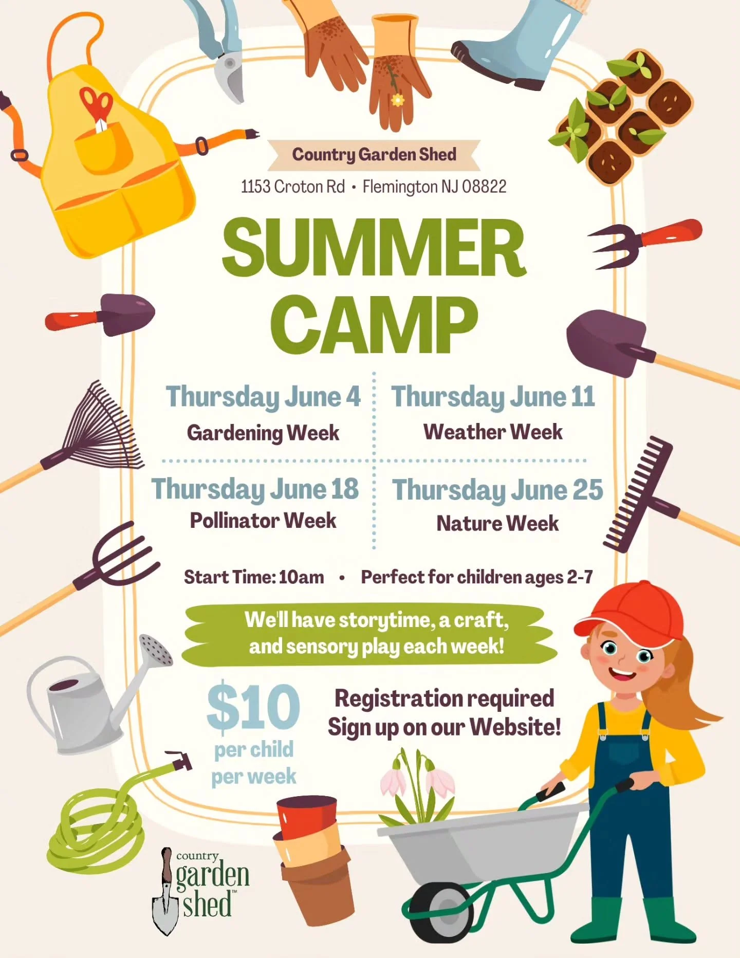 🌱 Summer Camp is coming to Country Garden Shed! 🌱
Join us on Thursdays in June for gardening, weather, pollinator, and nature-themed fun. Each week includes storytime, a craft, and sensory play.

🕙 10 AM
💲 $10 per child, per week
✨️ Sign-Up for a