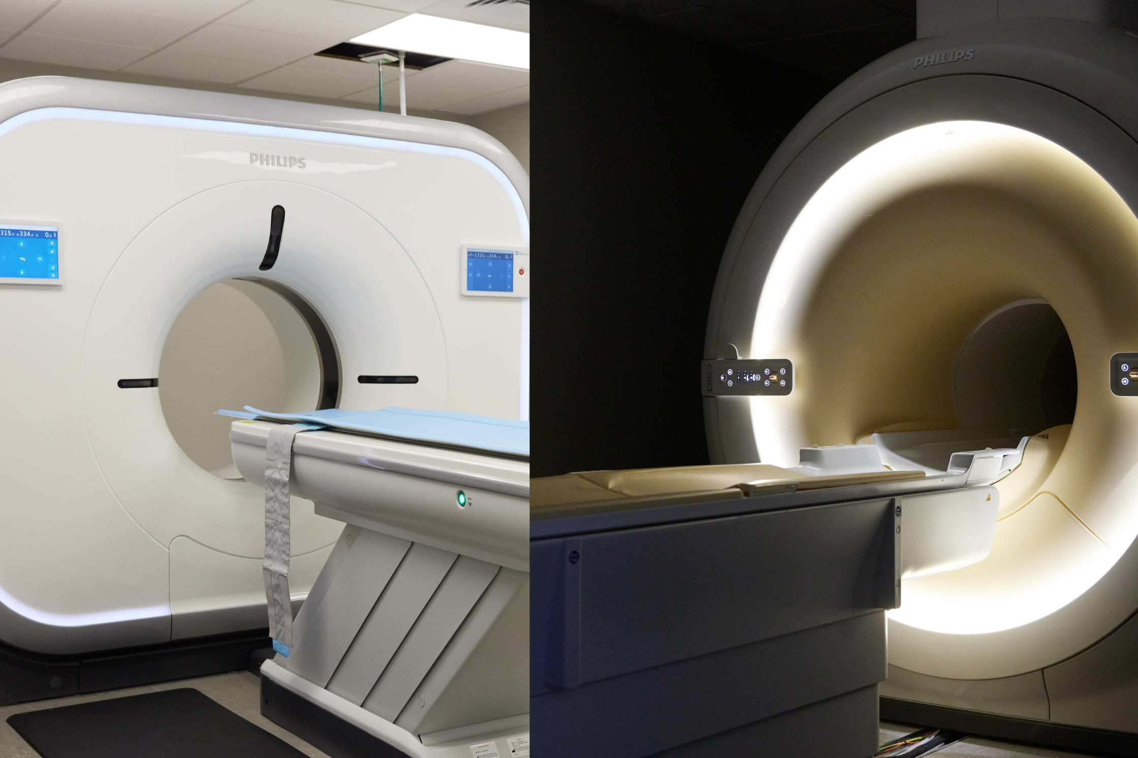 Side-by-side comparison of CT scanner and 3 Tesla MRI machine used at Sage Veterinary Imaging.