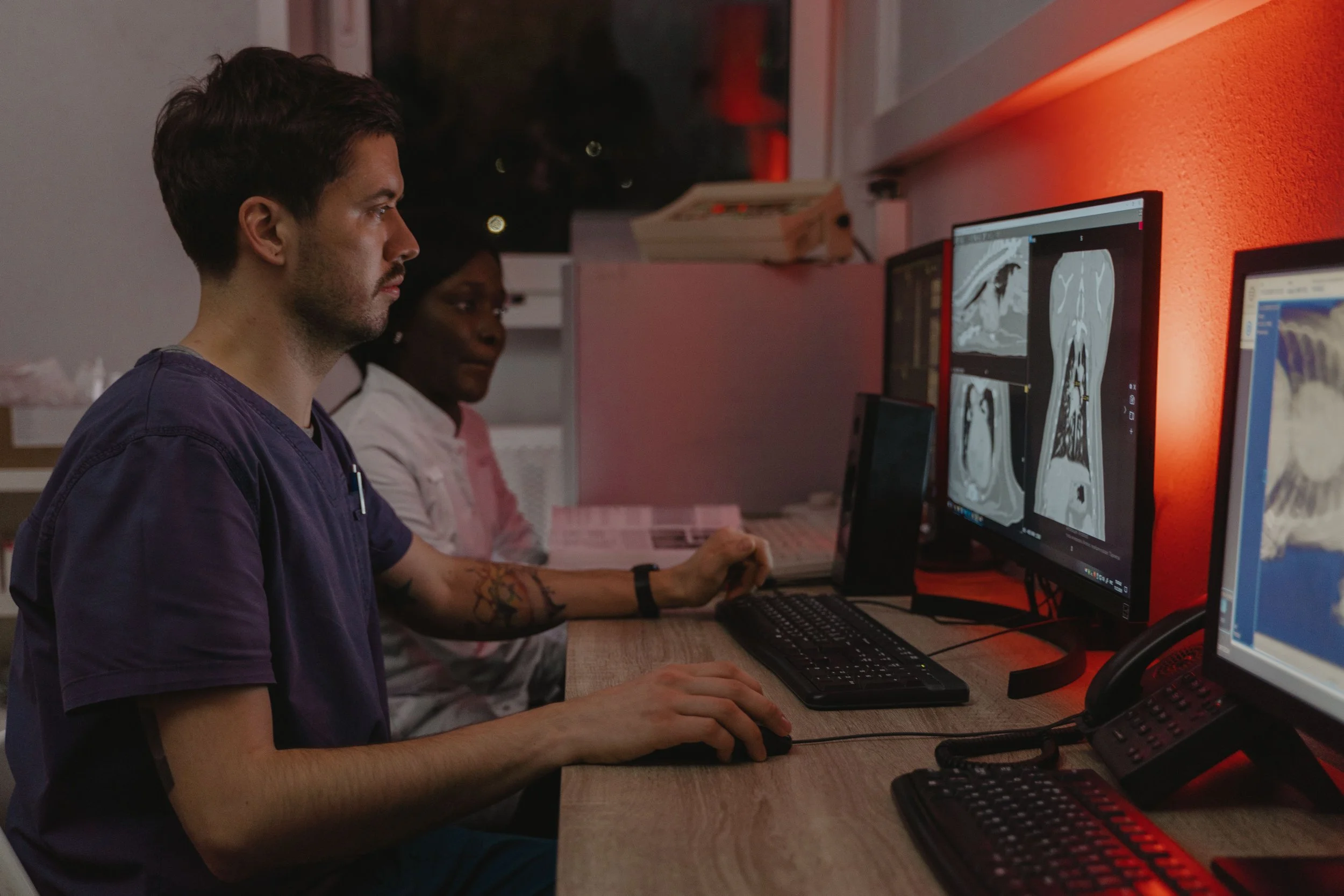 Veterinary imaging specialists reviewing advanced diagnostic scans