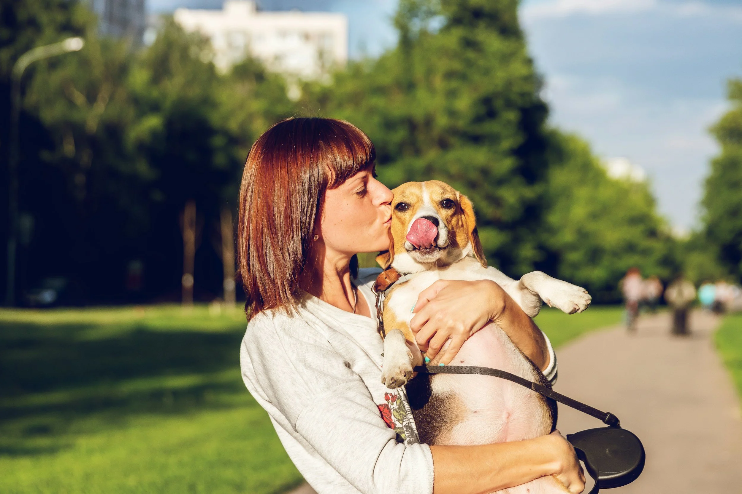 A woman holding her dog and giving it a kiss in a park setting, showing the care and love for pets and their health.