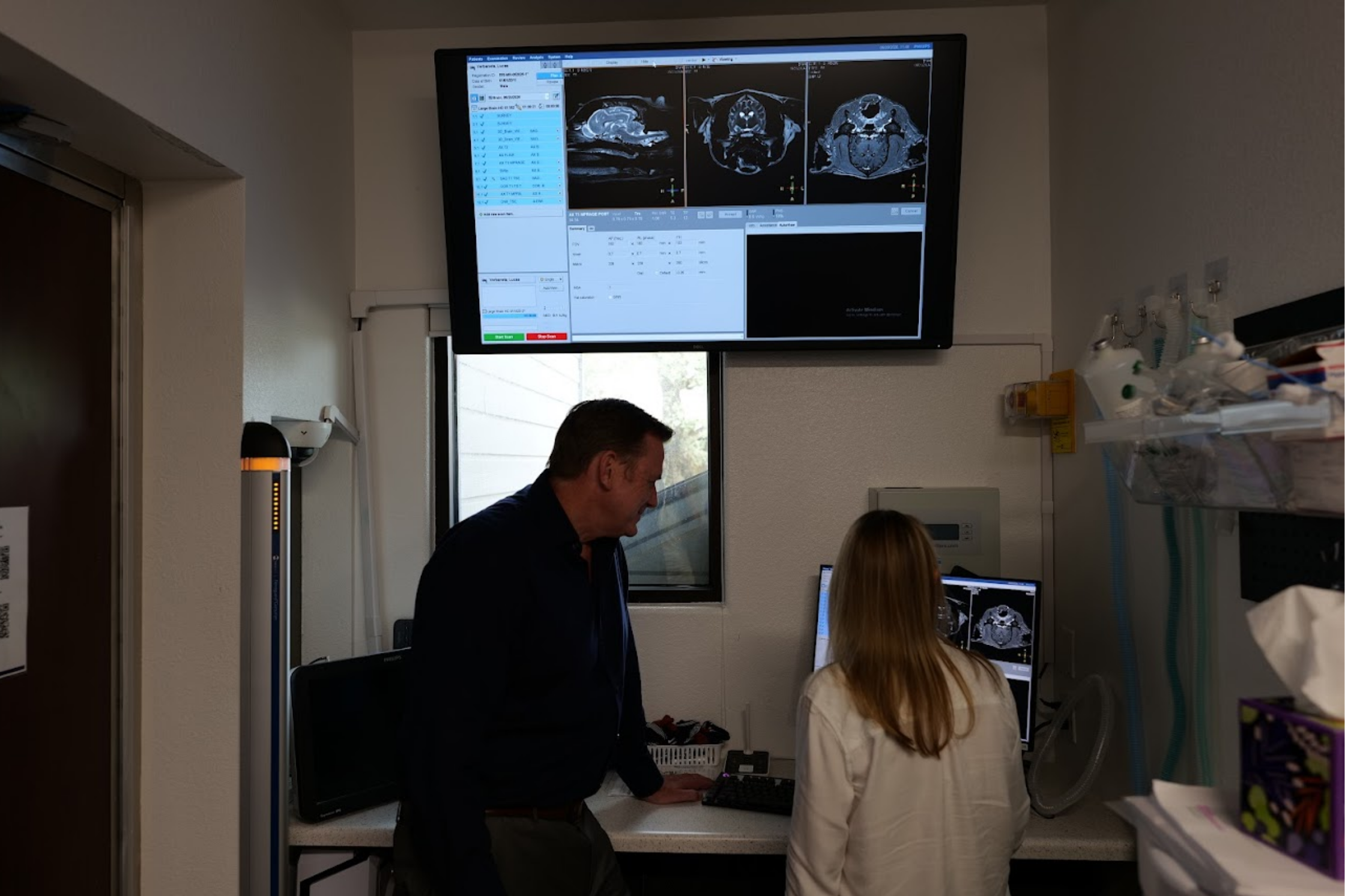 Veterinary professionals reviewing MRI brain images during a neurological evaluation