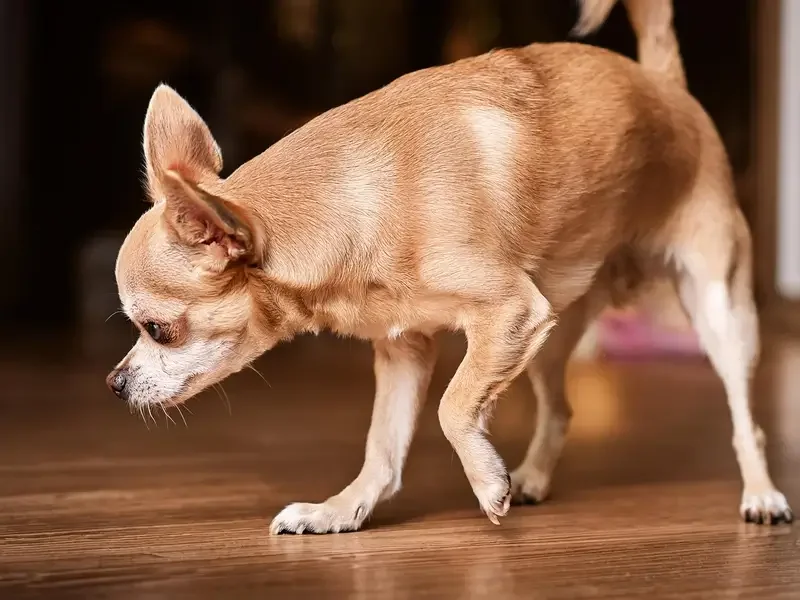 Chihuahua walking with left forelimb lameness, demonstrating non-weight-bearing gait in a veterinary case