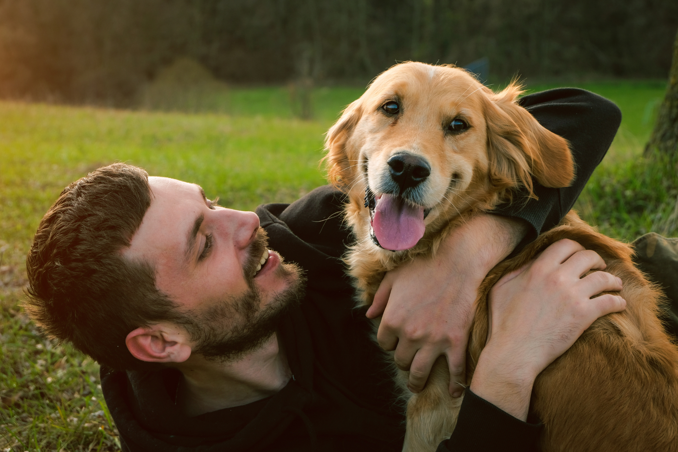Man hugging his Golden Retriever during outdoor playtime