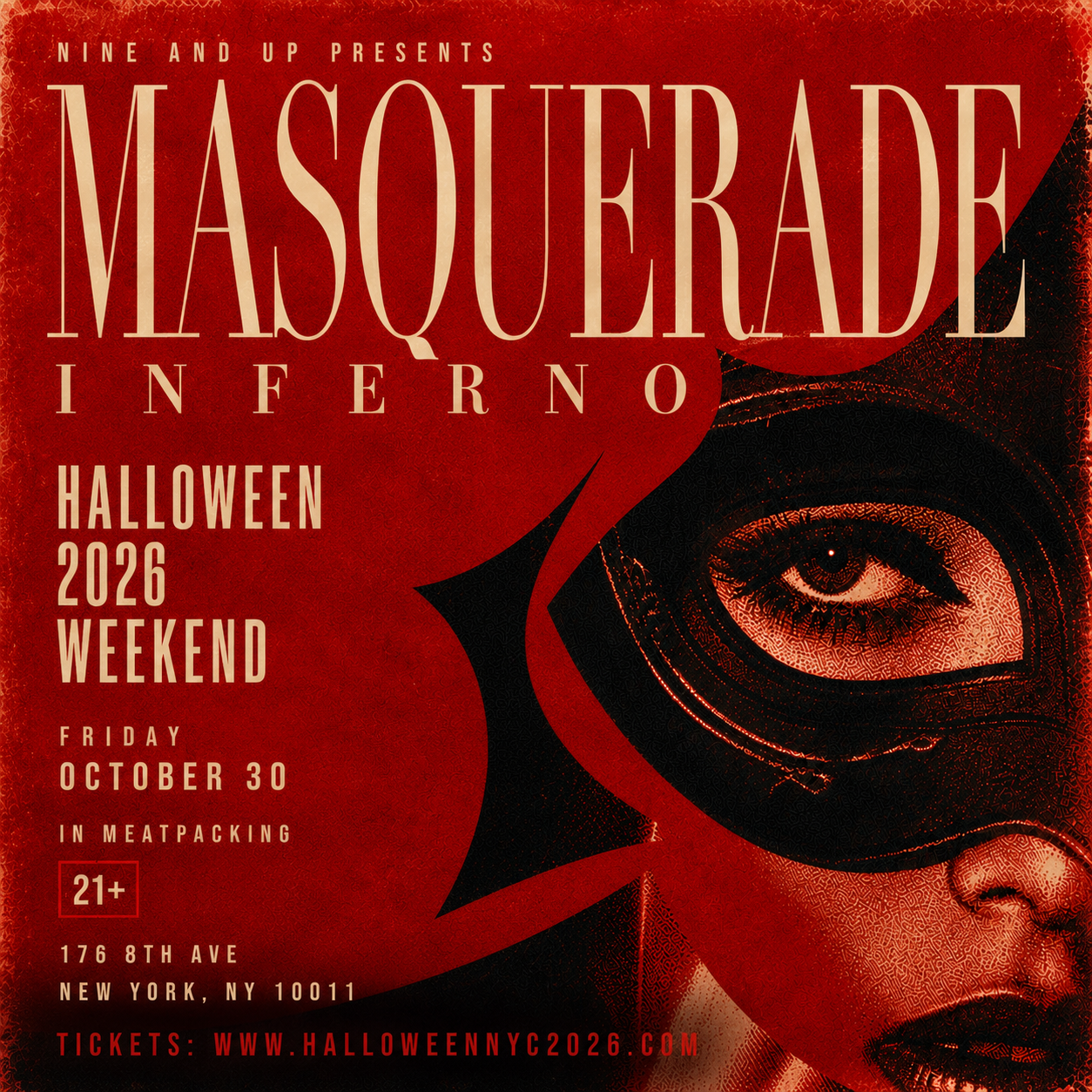 Event poster for an underground Halloween event at the Garden of Massuma, depicting a young man with a serious expression against a red and black background. The date is October 31, 2025. Details include the website www.nineandupnyc.com, location TBA, and event hours from 9 PM to 4 AM for ages 21 and over.