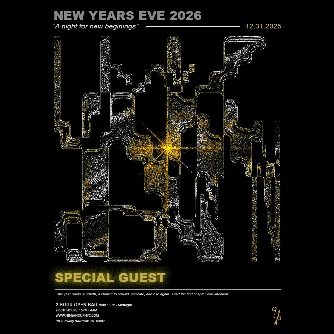 Black poster for New Year's Eve 2026 event featuring an abstract cityscape outline with gold and white accents, with event details and text highlighting special guest and celebration info.