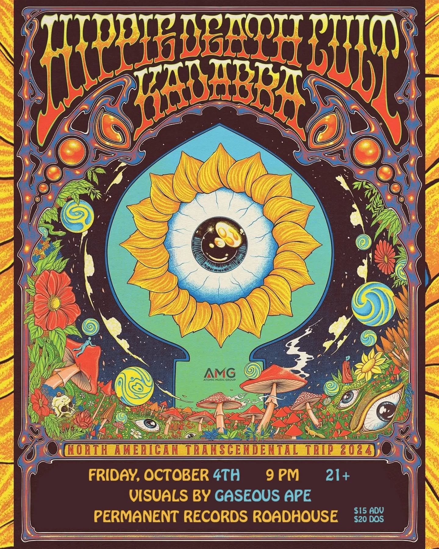 Tomorrow, Friday October 4th is going to be jam packed with riffs at @permanentrecordsroadhouse w/ the heavy hitters of psych @kadabra_band &amp; @hippiedeathcultband.

Visuals by @gaseous.ape 

Taco popup by @tierrataco

Come on out for bands, tacos
