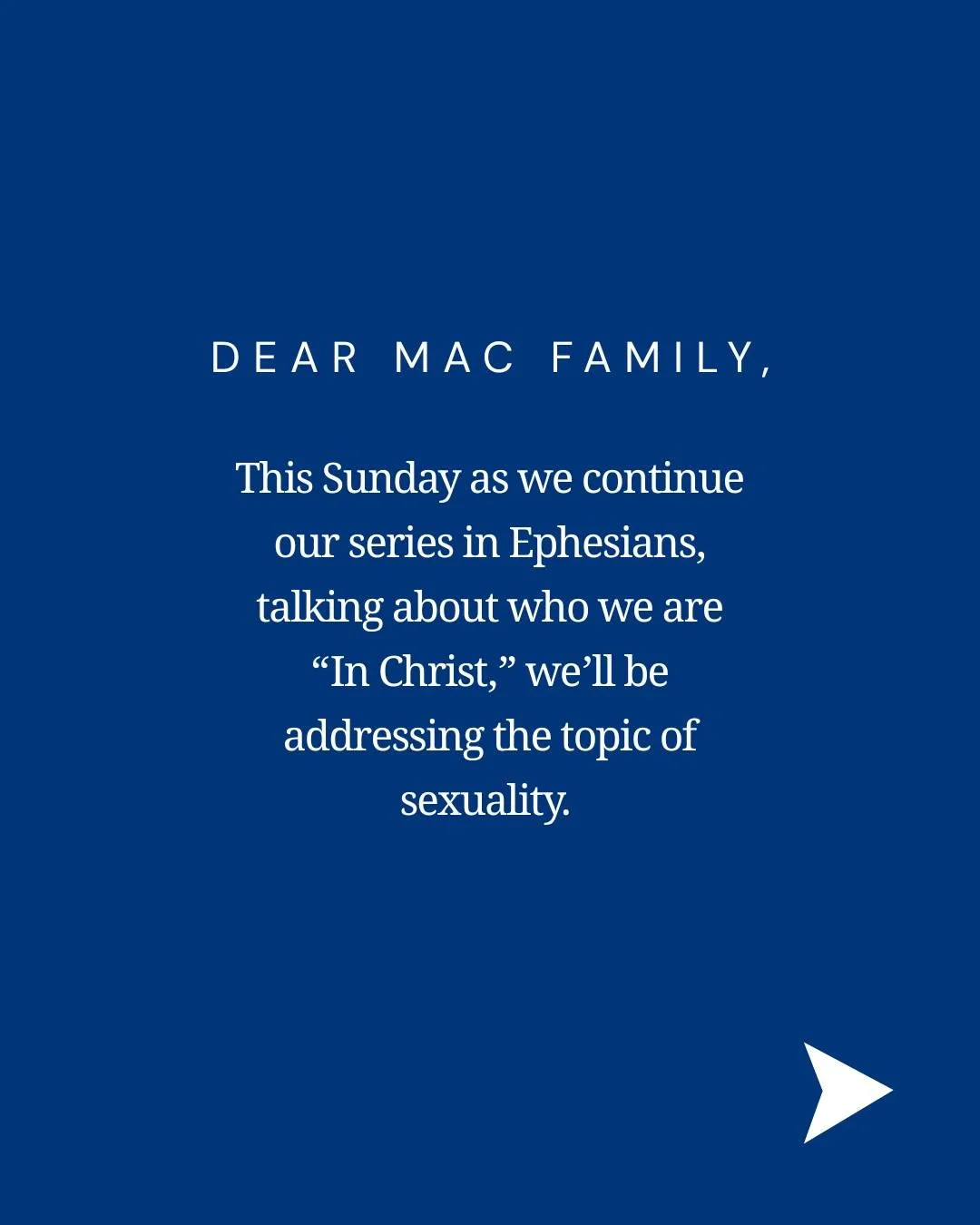 This Sunday as we continue our series in Ephesians, talking about who we are &ldquo;In Christ,&rdquo; we&rsquo;ll be addressing the topic of sexuality. 

Much brokenness and confusion surrounds this conversation&mdash;but there is also great potentia