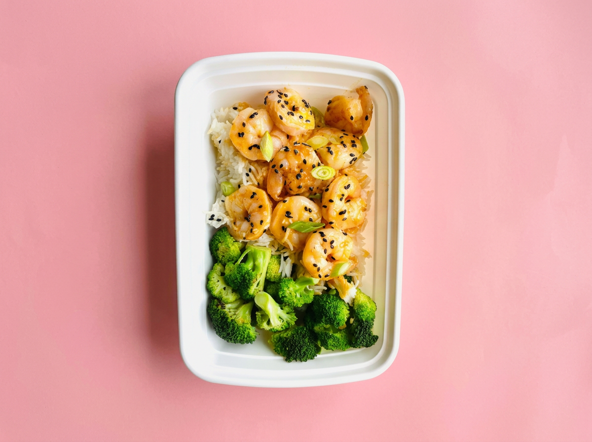 WellFed bang bang shrimp meal prep container with rice and steamed broccoli