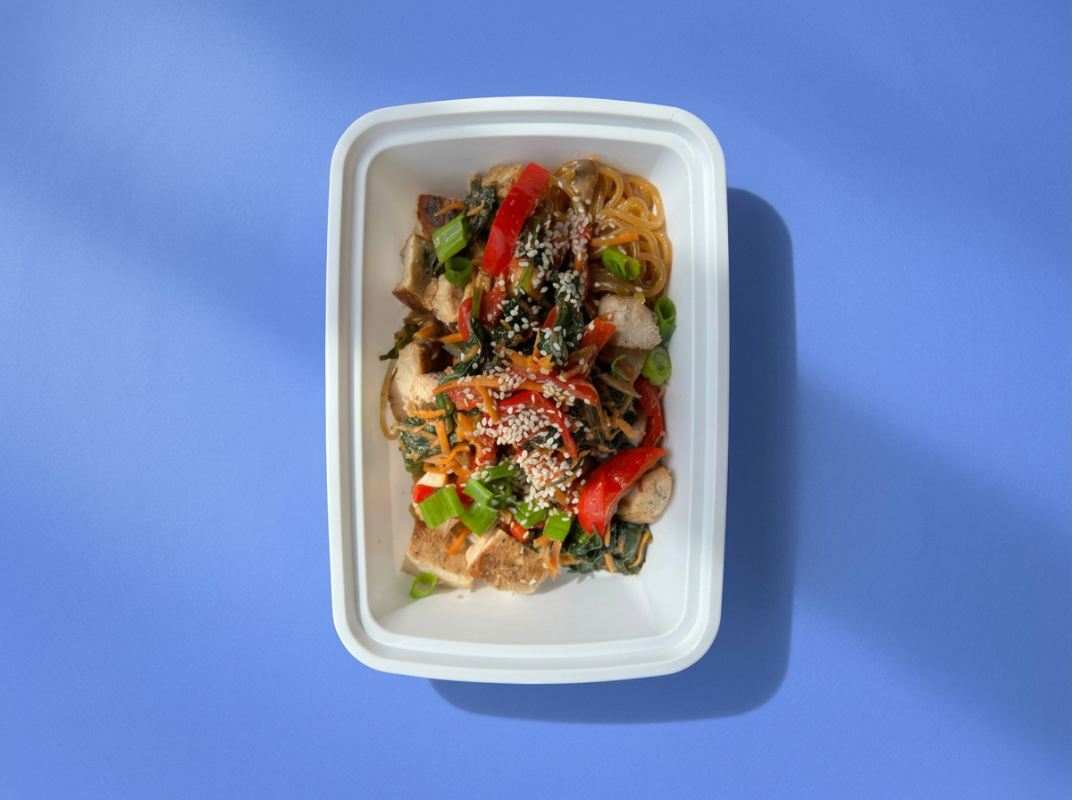 WellFed sesame garlic glass noodles with chicken, bell peppers, carrots and spinach