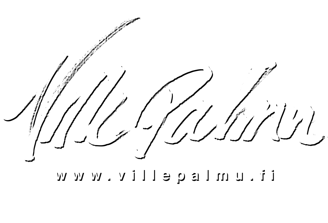 Villepalmu-logo, valkoinen teksti mustalla taustalla, sisältää nimen Villepalmu ja verkkosivun www.villepalmu.fi