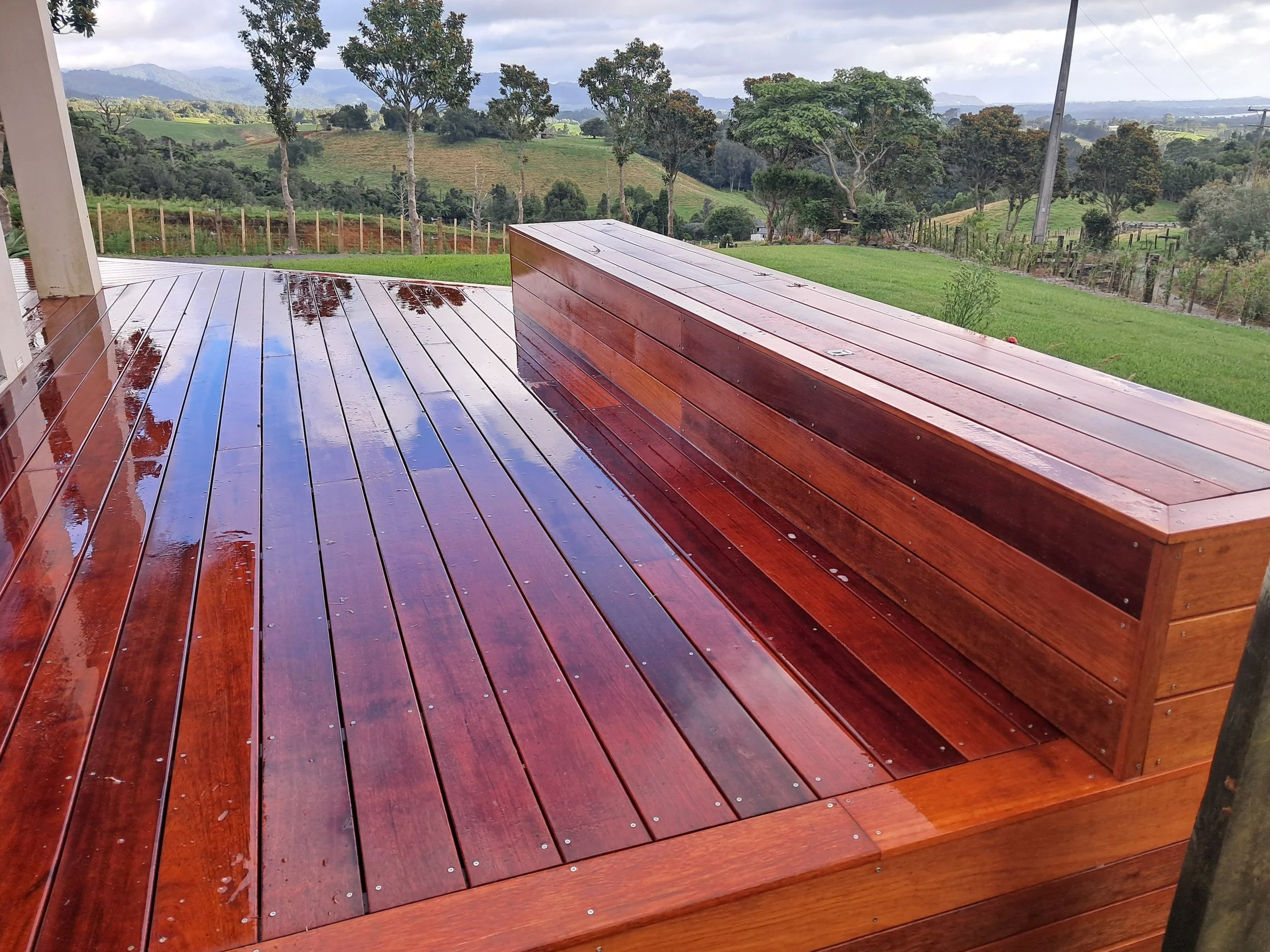 Kwila deck with storage seating