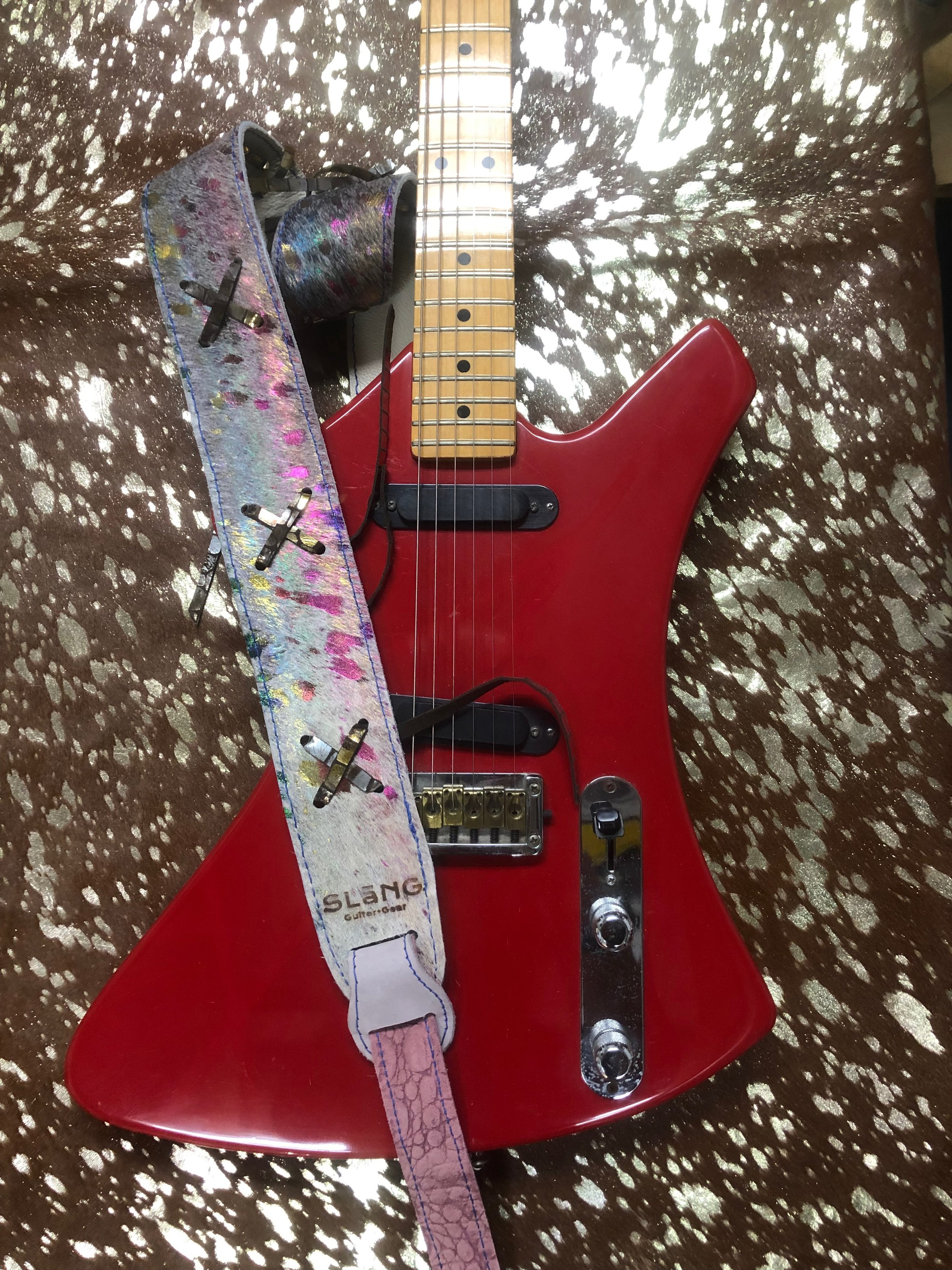 "X" Rainbow Fringe Reversible Leather Guitar Strap by SLāNG (GS-0029)
