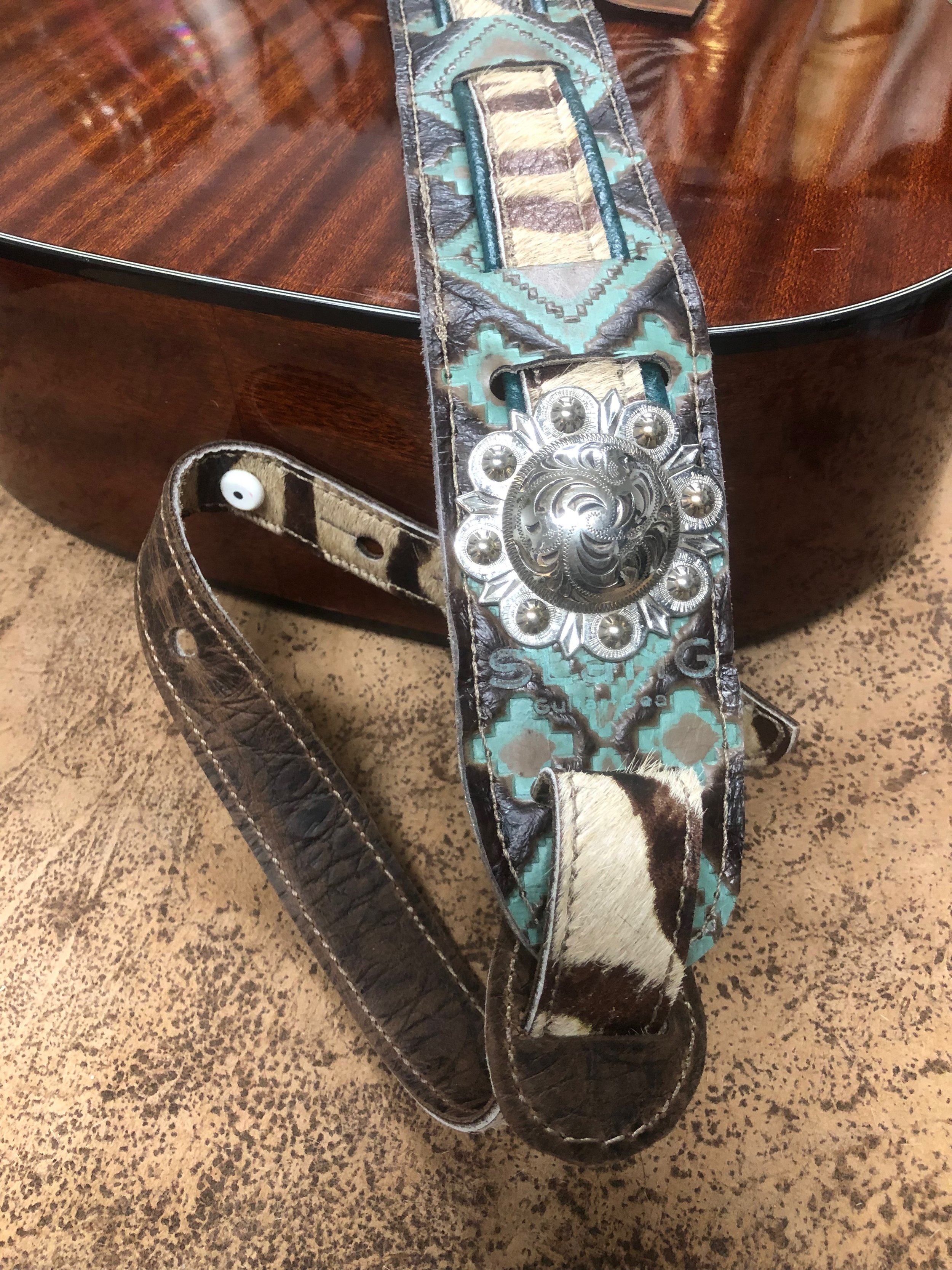 Aztec Pattern Turquoise with Zebra insert guitar strap by SLāNG (GS-0033)