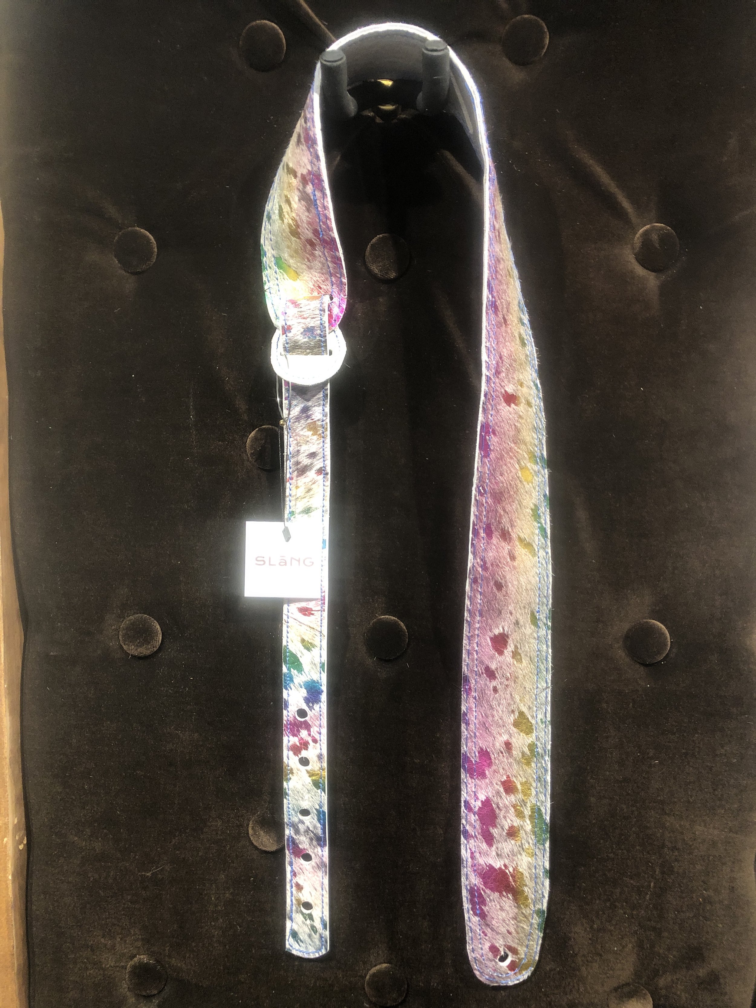 Rainbow Reversible to pearl white cowhide guitar strap by SLāNG (GS-0034)
