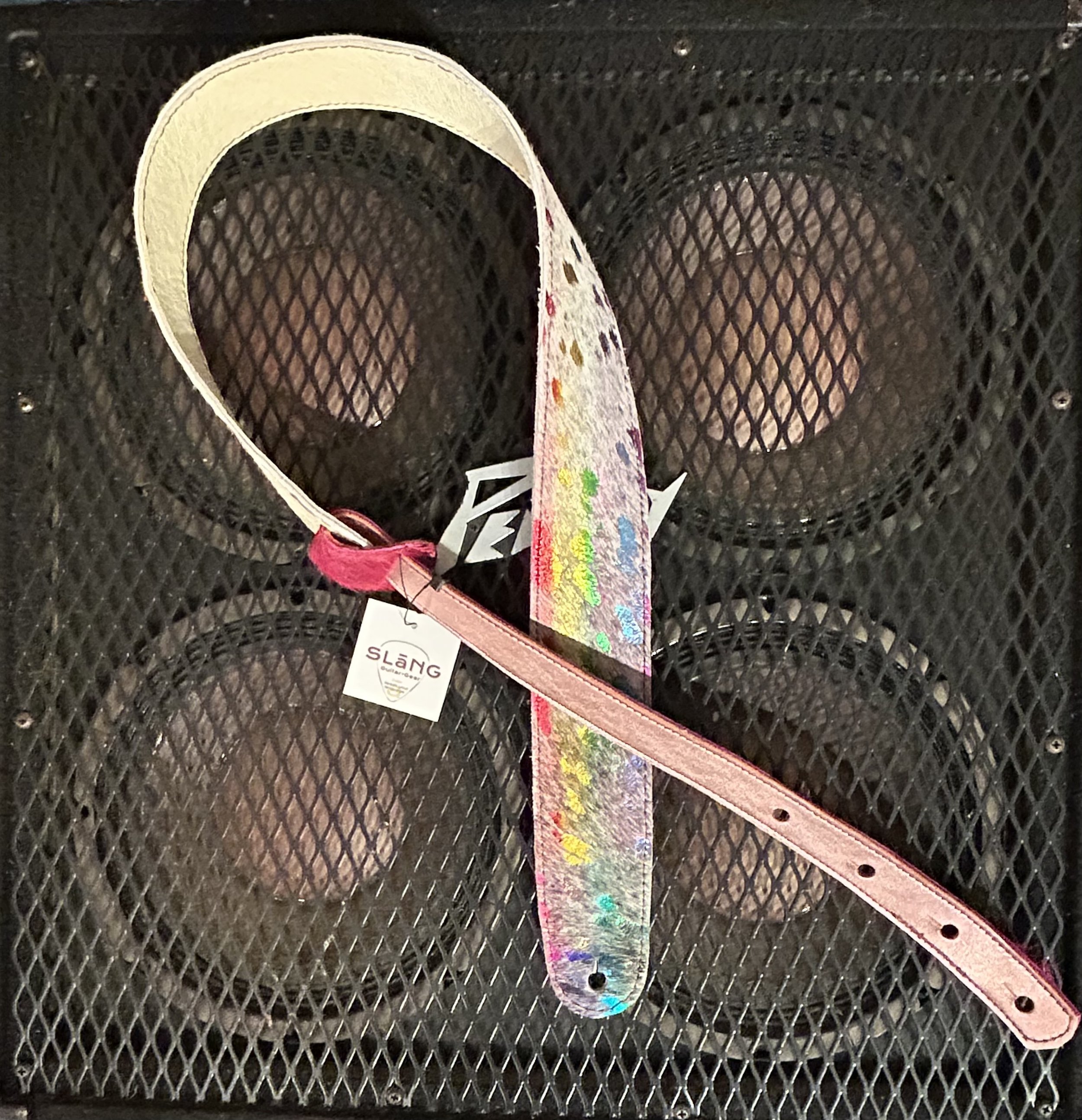 Rainbow Reversible to chalk white cowhide guitar strap by SLāNG (GS-0046)