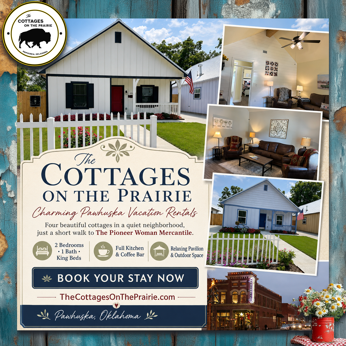 Inside and outside of The Cottages on the Prairie - Where to Stay in Pawhuska, Oklahoma