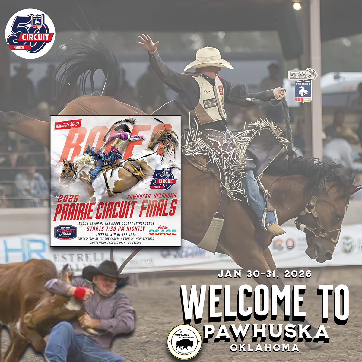 Bronc rider and bull dogger in the Prairie Circuit Finals Rodeo  coming up in Pawhuska, Oklahoma on January 30-31, 2026.