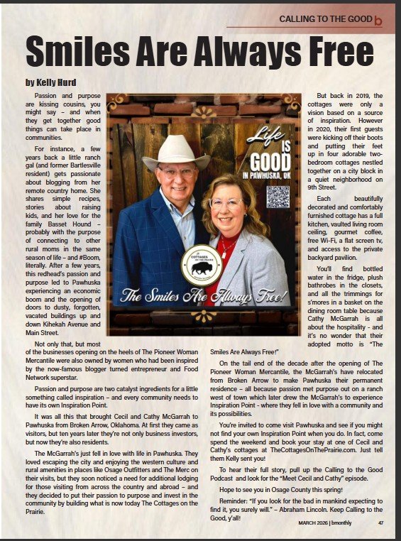 Bartlesville Monthly Magazine March 2026 Issue featuring Cecil and Cathy McGarrah, owners of The Cottages on the Prairie in Pawhuska, Oklahoma
