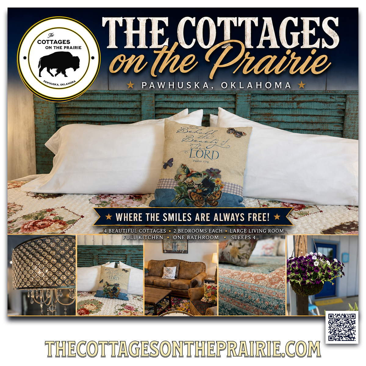 A king-size bed beautifully covered in a rose quilt with a matching throw pillow against an antiqued vintage shutter turquoise headboard at The Cottages on the Prairie in Pawhuska, Oklahoma