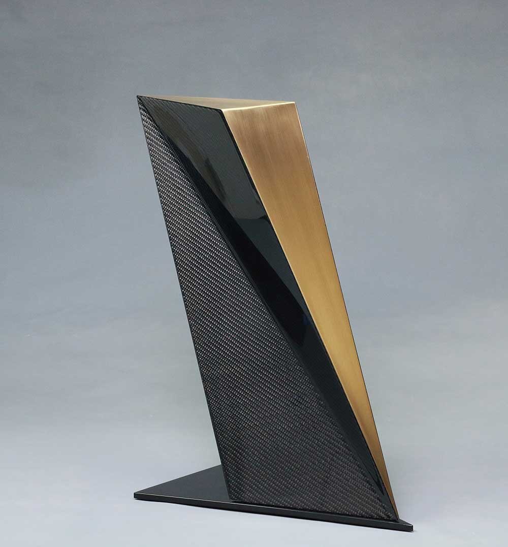 Isosceles,-H-20-x-W-9.5-x-D-16'5,-cold-rolled-steel,-carbonfiber-&-resin,-bronze-and-automotive-paint.jpg