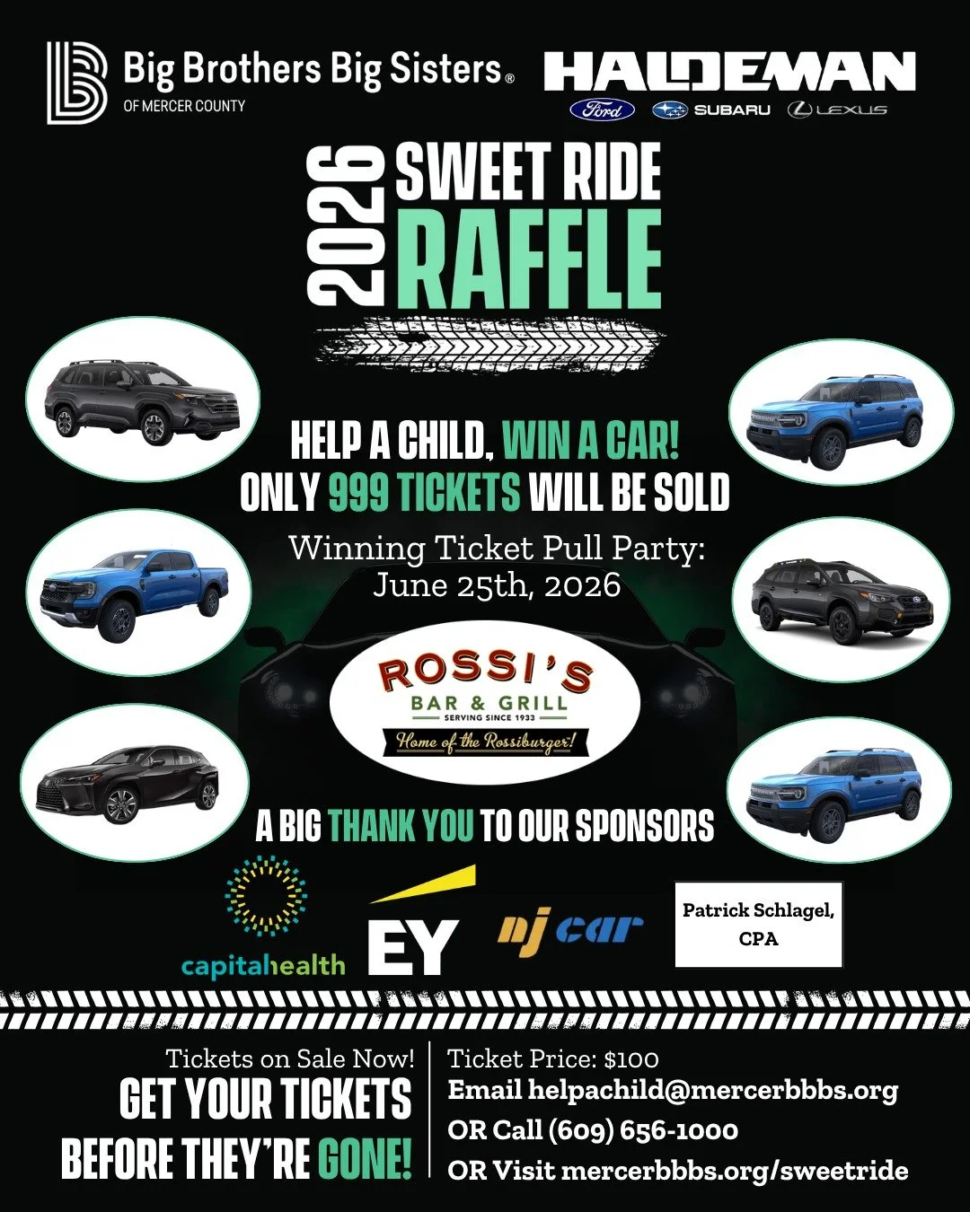 Our raffle is BACK&mdash;and earlier than ever 🎉
Your chance to win big while making a real impact starts now.
🎟️ Tickets are $100

Here's how to get yours: 
📧 Email helpachild@mercerbbbs.org to request tickets or learn more.
📞 Call us at 609-656