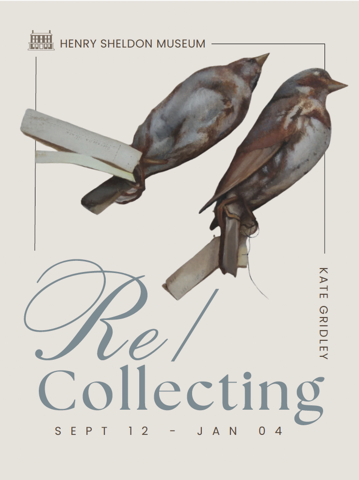 Image of two birds on cream colored paper with the header text: Henry sheldon museum and Kate gridley down the side. IN script on bottom it reads: "Re/Collecting" Sept 12- Jan 04