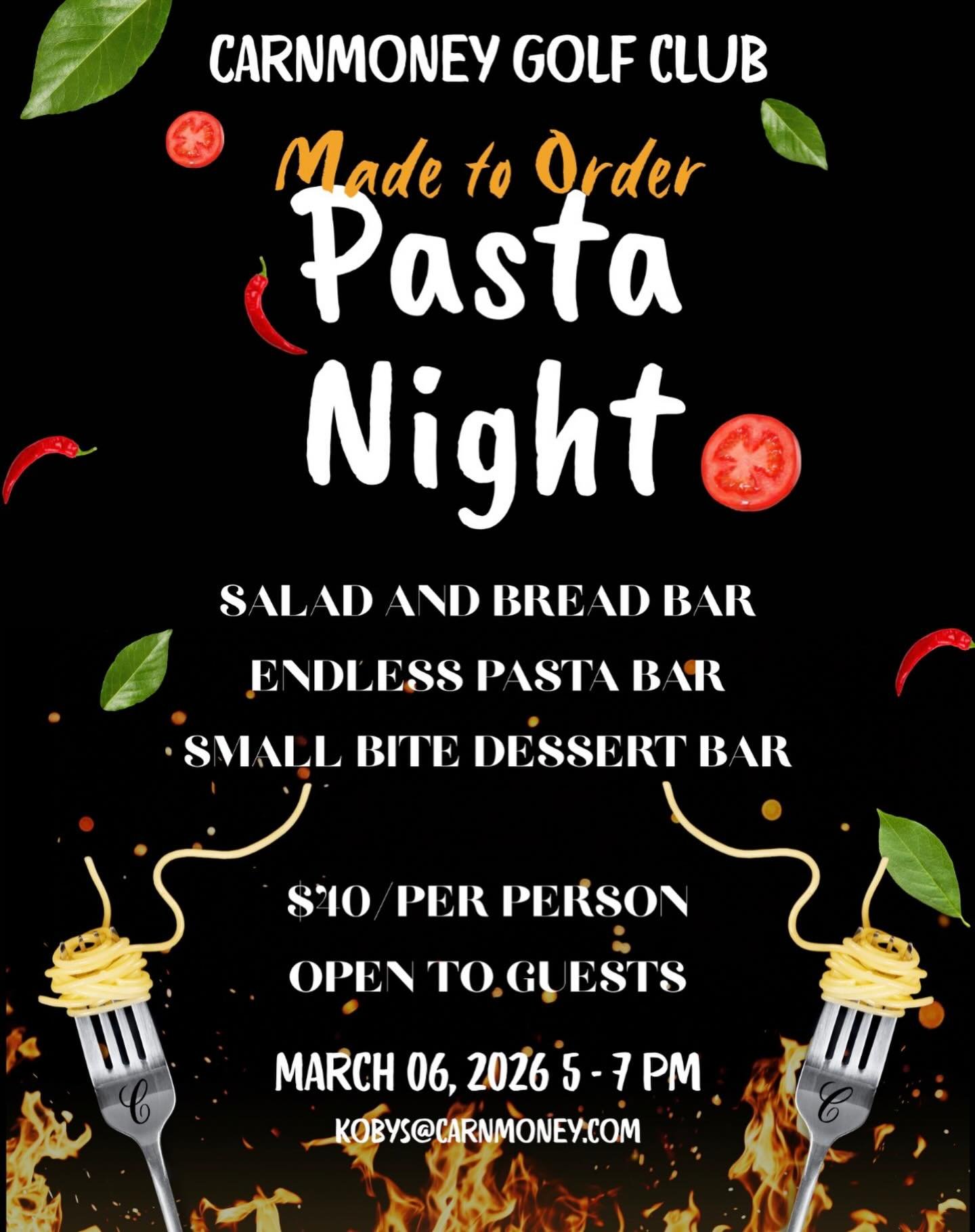 🍝 Endless Pasta Bar Night 🍝

Go back for seconds (or thirds 😉) &mdash; it&rsquo;s carb-loading season❄️

🥗 Fresh Salad Bar
🥖 Warm &amp; Delicious Bread Bar
🍰 Sweet Tooth-Approved Dessert Bar

 $40 per person

📅 March 6, 2026
⏰ 5:00 &ndash; 7:0