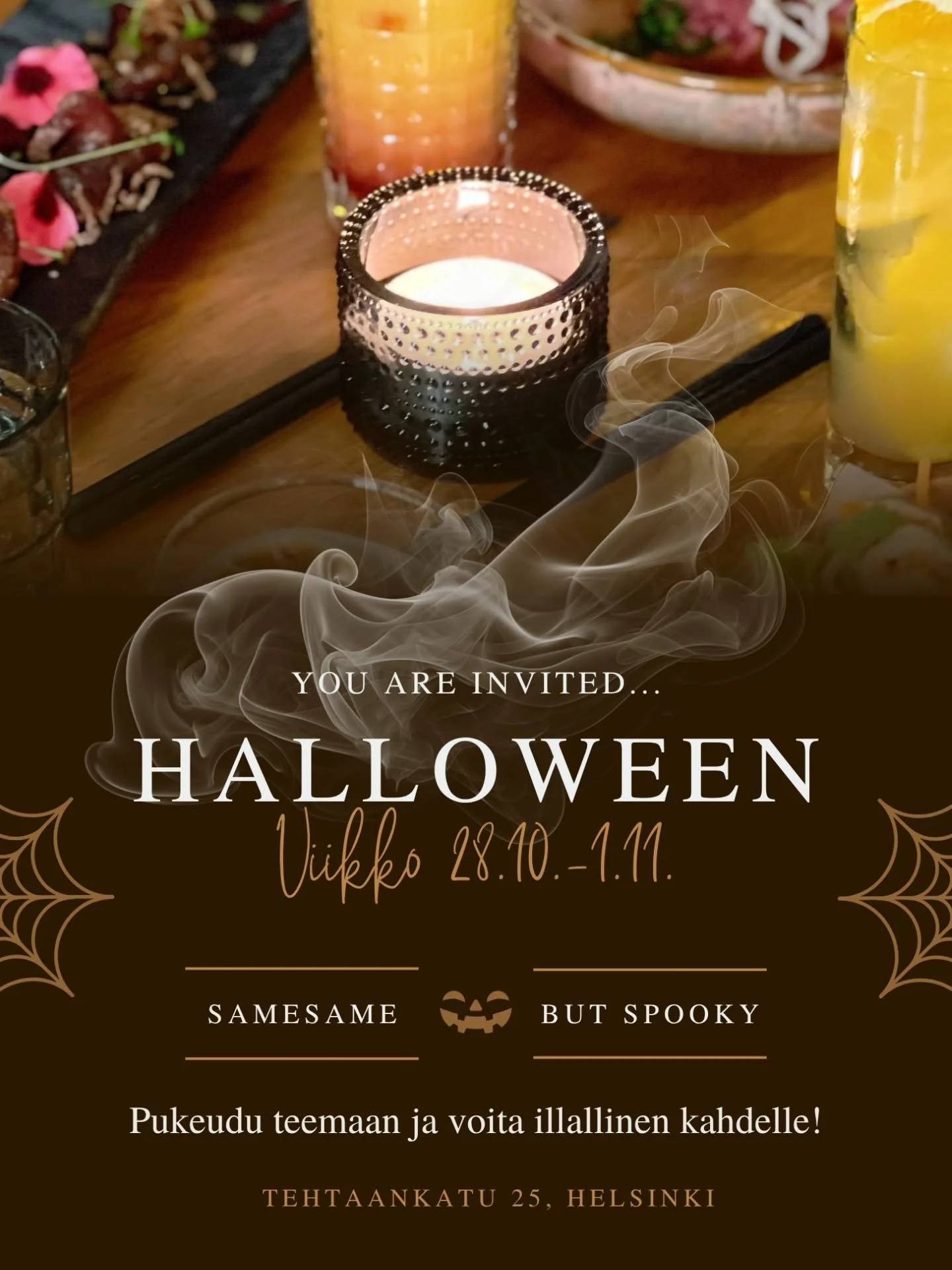🎃 Halloween takes over Punavuori! Join us at SameSame for a week of spooky vibes, cocktails and Asian comfort food — SameSame but Spooky! 👻
Pukeudu Halloween-teemaan ja voit voittaa illallisen kahdelle! Samalla voit nauttia meidän 3 ruo