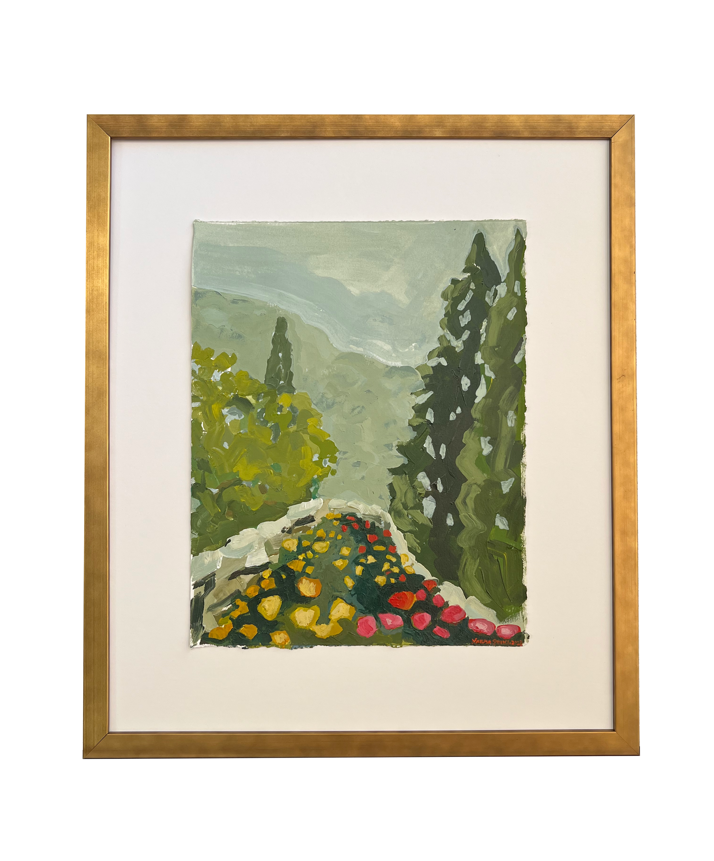 Framed painting of a garden path with colorful flowers and trees