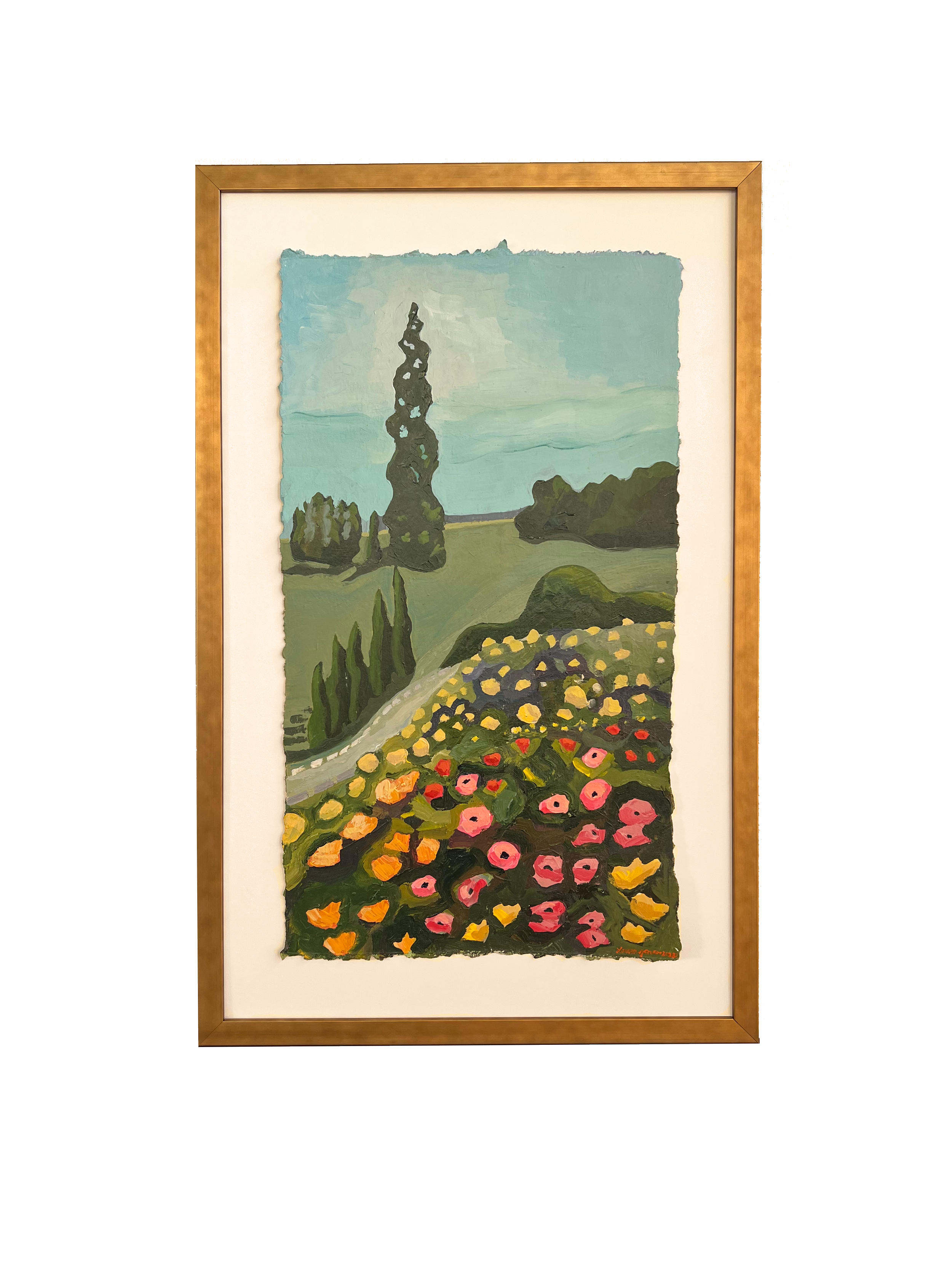 Framed landscape painting with trees and colorful flowers