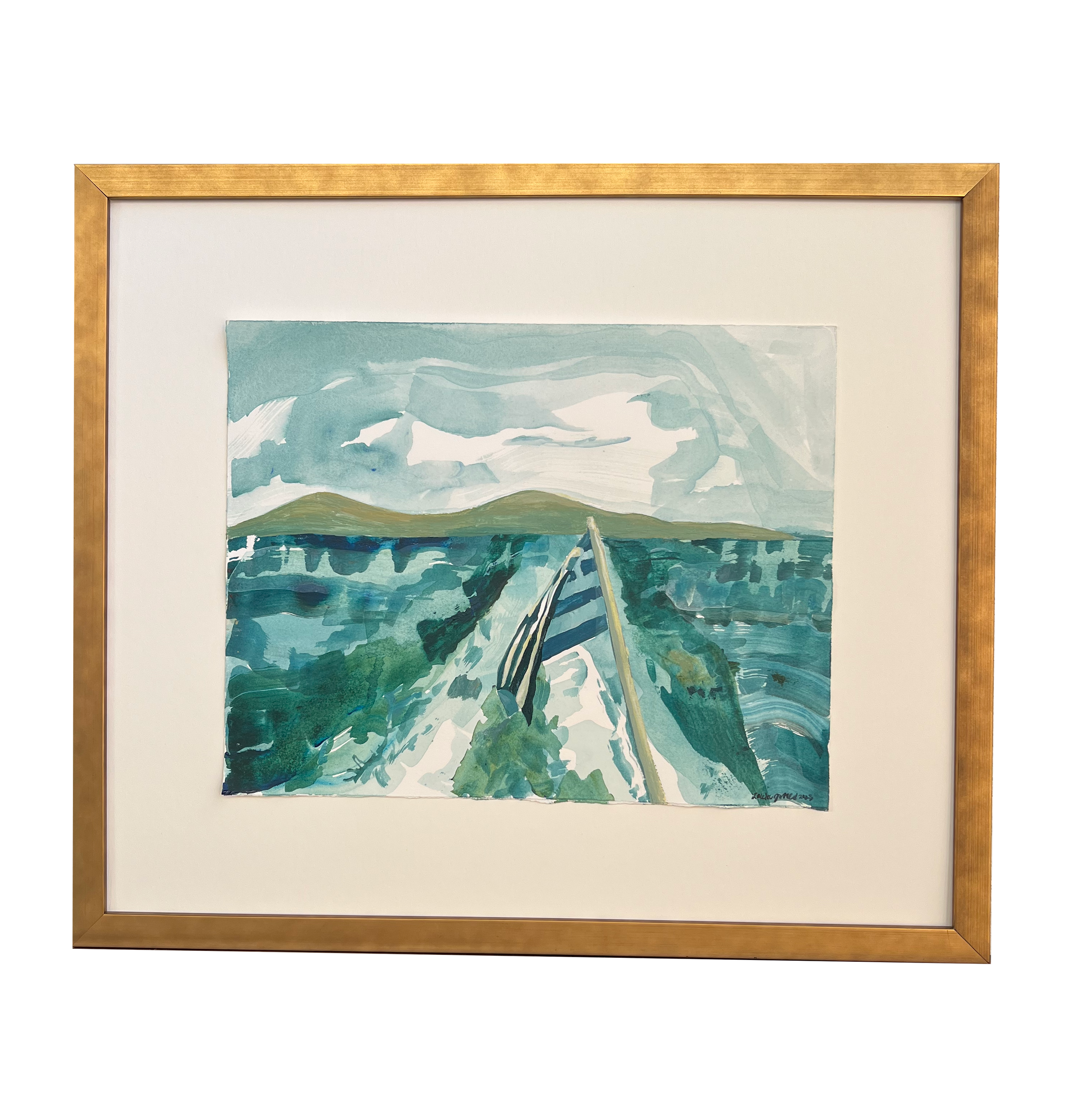Framed watercolor painting depicting an abstract landscape with green and blue tones, featuring mountains in the background and a path or river in the foreground.