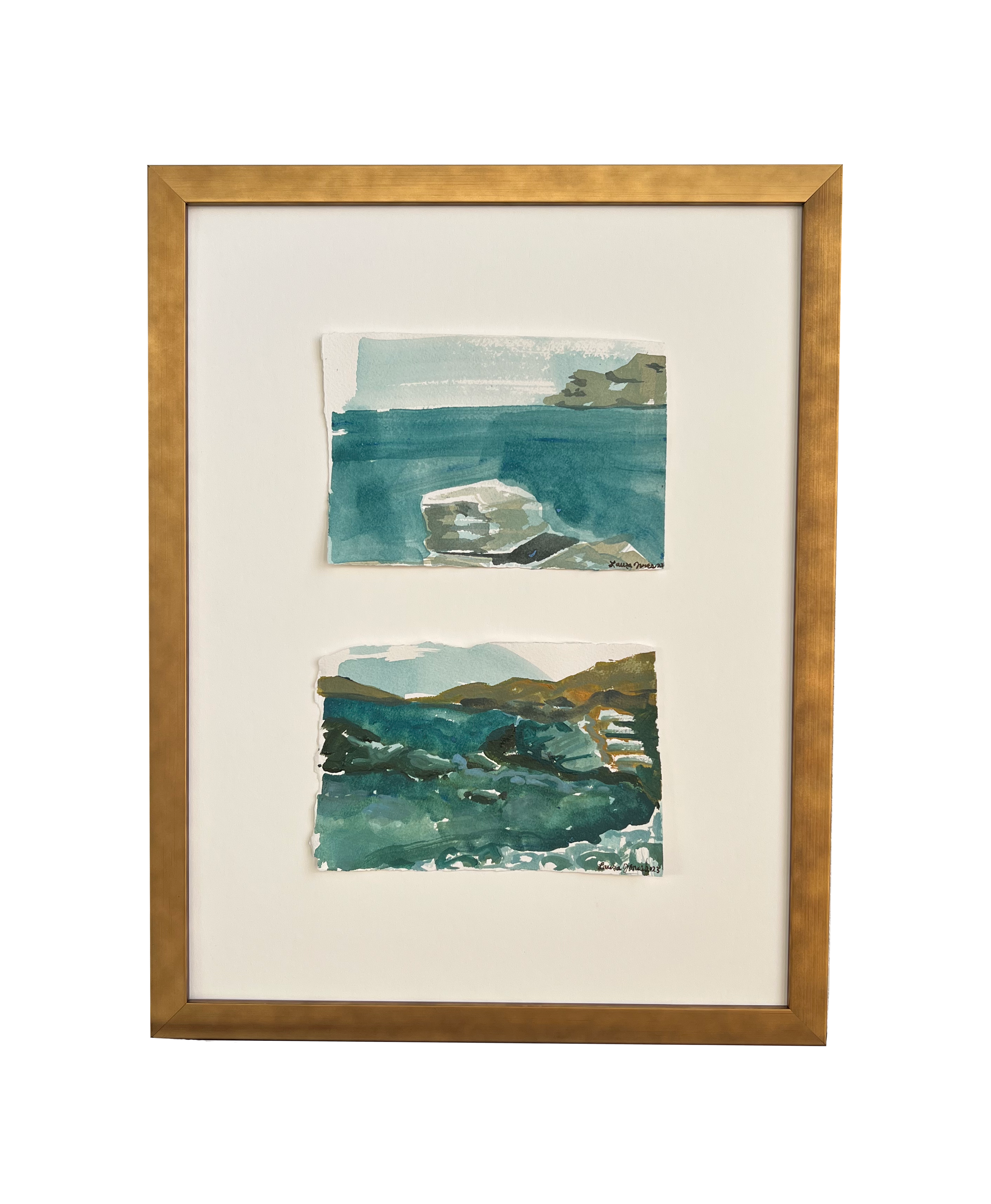 Framed abstract watercolor paintings depicting seascapes in blue and green tones