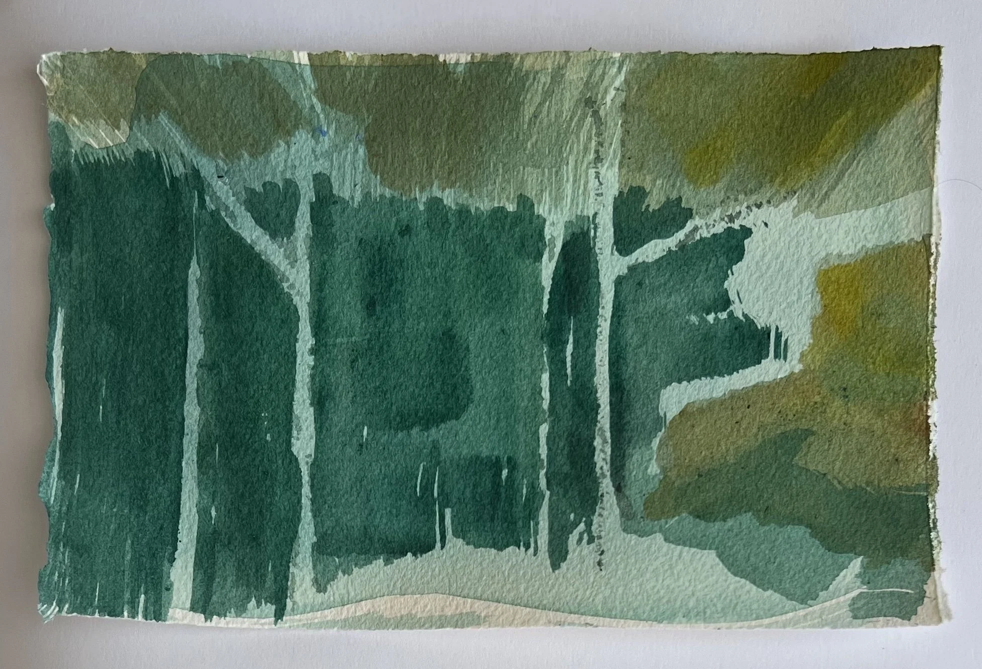 Abstract watercolor painting with green shades resembling trees